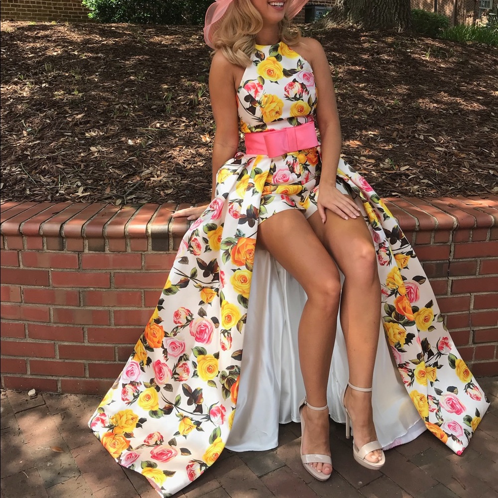 Mac Duggal halter romper with overskirt